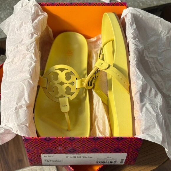 Tory Burch Miller Cloud Flip Flops Butter Yellow Calf Leather Womens Size 8 - Picture 2 of 7